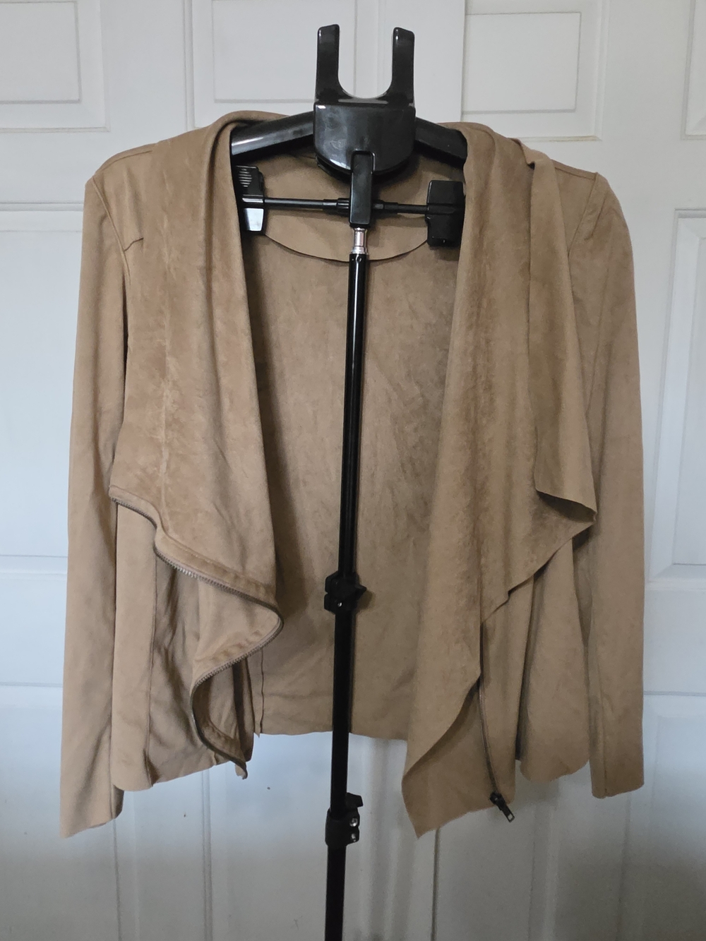 MOTE Faux Suede Drape Front Moto Jacket Tan Camel Size Large